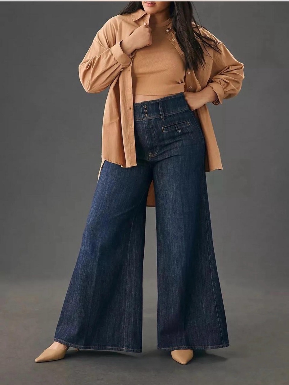 Pilcro Double Waist Wide-Leg High-Rise Dark Blue Trouser Jeans 25 - Picture 1 of 8